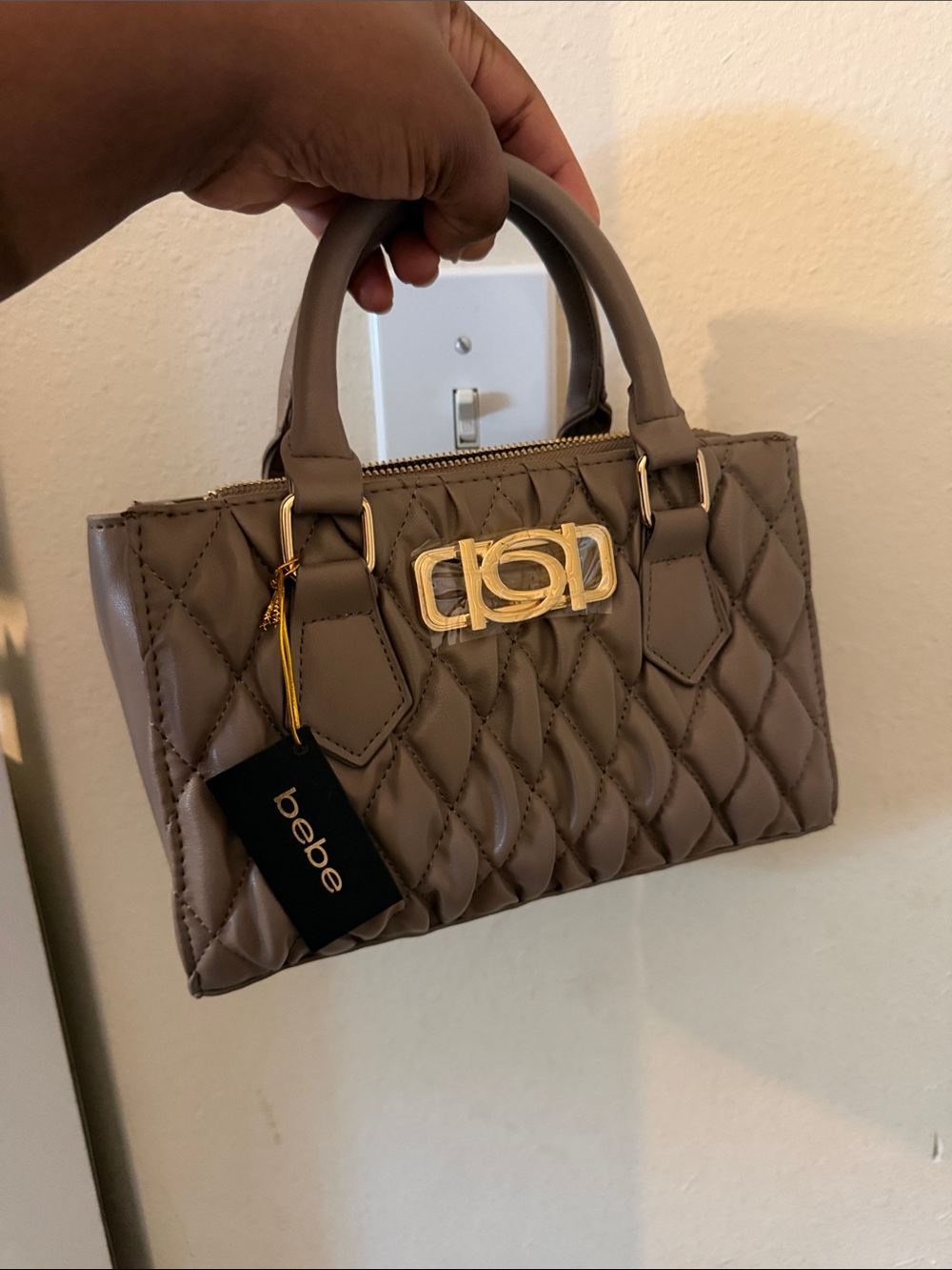 Bebe Quilted Taupe Satchel with Gold Logo Hardware - Women Bags
